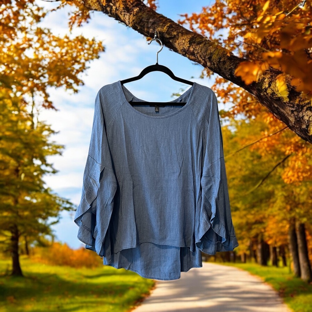 Moa Moa Blue Chambray Top with Ruffled Sleeves